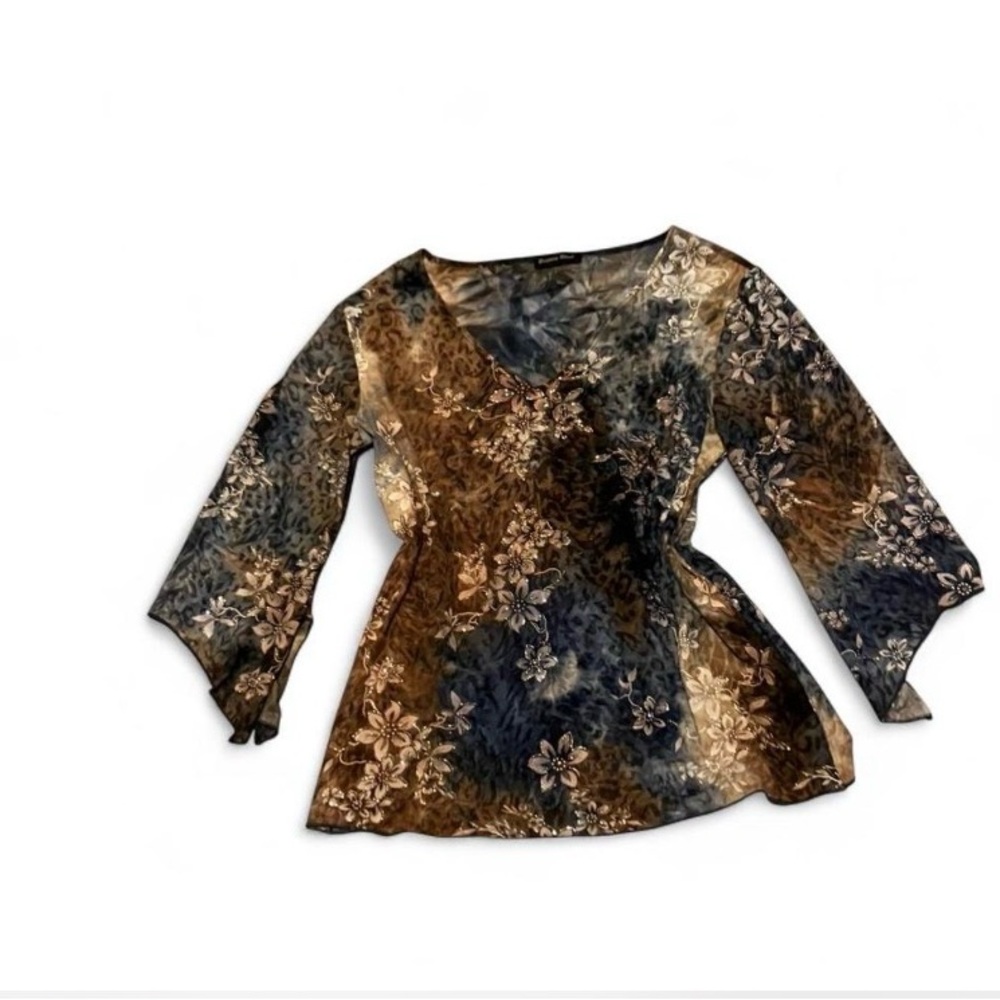 Brittany Black Floral V-Neck Blouse - Blue and Brown